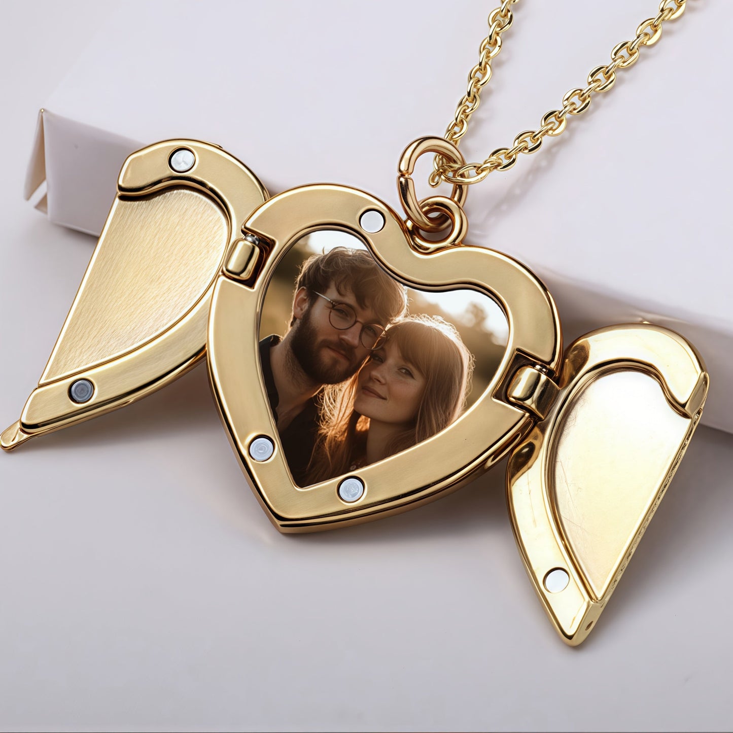 Angel Wings Heart Pendant Necklace with Custom Photo Print - Elegant and Cute Alloy Jewelry Featuring February Birthstone. Perfect Valentine's Day Gift for Couples, an Ideal Daily and Festival Accessory that is Suitable for All Seasons.