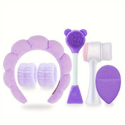 6-piece hypoallergenic silicone facial care set includes deep cleansing spa mask brush kit, soft plush headband, gentle exfoliating scrubbers, and portable skincare tools. Ideal gift for