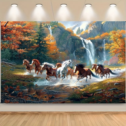 Polyester horse-themed wall backdrop for various occasions, no electricity required. Ideal for classrooms, libraries, photo booths, studios, and celebrations.