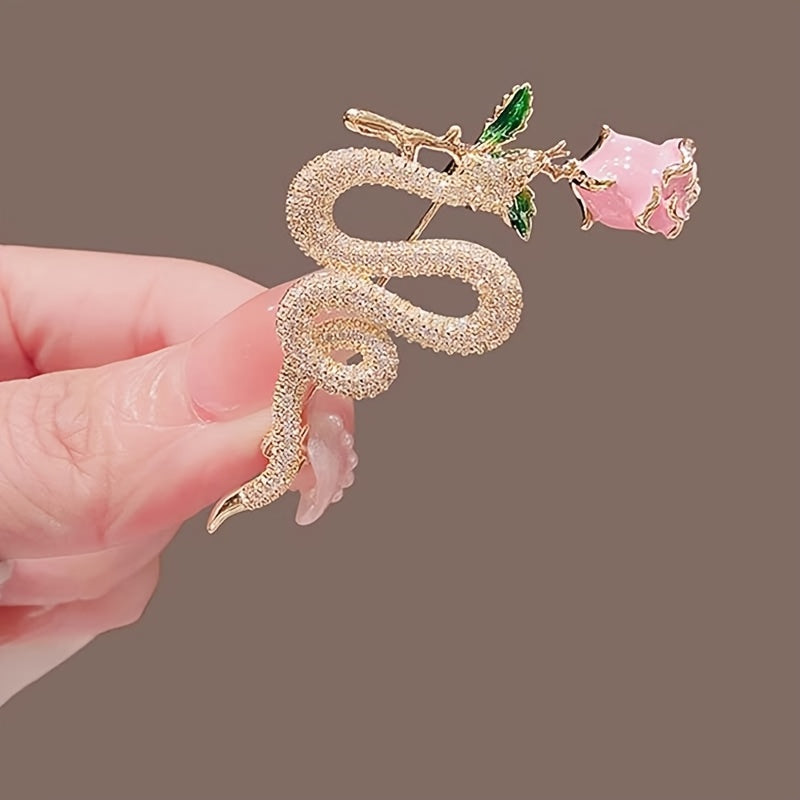 Stylish Rose Bouquet & Serpent Brooch - Exquisite Rhinestone Detailing, Ideal for Sweaters and Suits