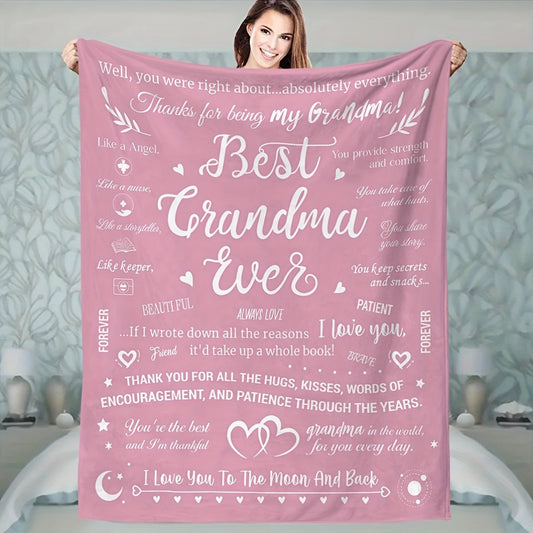 One piece of a "Best Grandma Ever" printed fleece throw blanket is available. This soft and lightweight blanket is breathable and suitable for all seasons. It features a contemporary style with a durable polyester cover that is non-stain. The digital