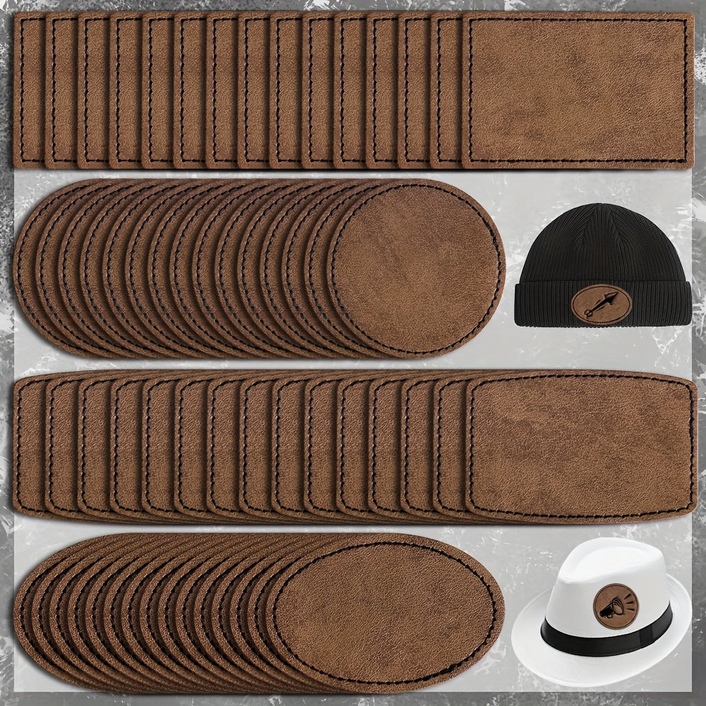 60 pieces of rustic leather patches for hats, featuring adhesive backing and laser engraving blanks. These faux leatherette patches are perfect for embroidery, sewing onto clothing, jackets, backpacks, and fabric.