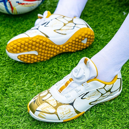 White & Golden Soccer Cleats for Youngsters with Rubber Sole, Durable PVC, Anti-Slip, Comfortable Fabric Lining & Lace-Up Closure.