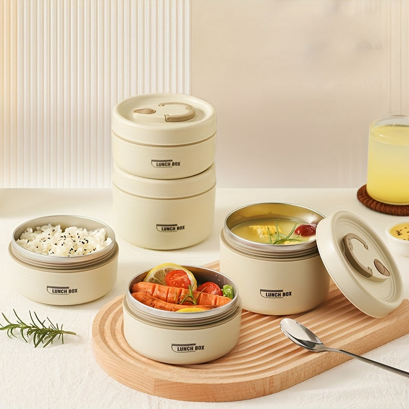 Double-layer soup bowl with lid made of stainless steel, suitable for microwaves. Perfect for students and office workers, this food-grade bento box is a reliable option for carrying your meals. The stainless steel lunch box also doubles as a bucket.