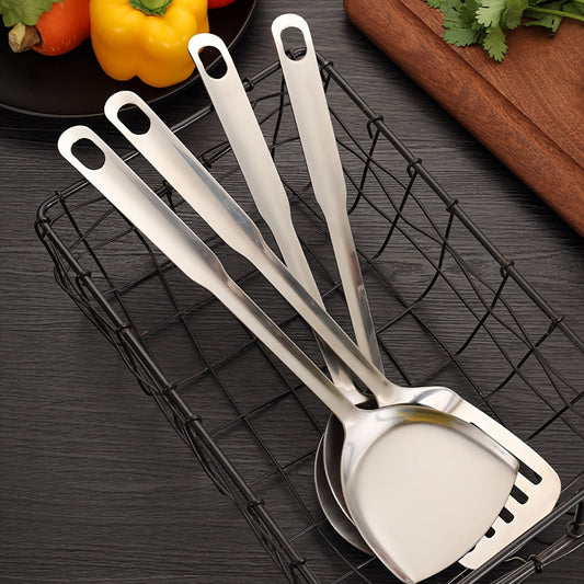 A set of 8 stainless steel kitchen utensils with comfortable grip handles - Dishwasher safe and silver in color.