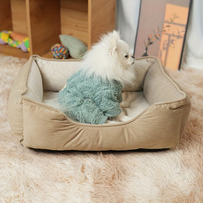 Square pet bed for medium to large dogs, cozy and warm with polyester fiber and pillow cushion, perfect for winter comfort. Beige, non-assemblable design.