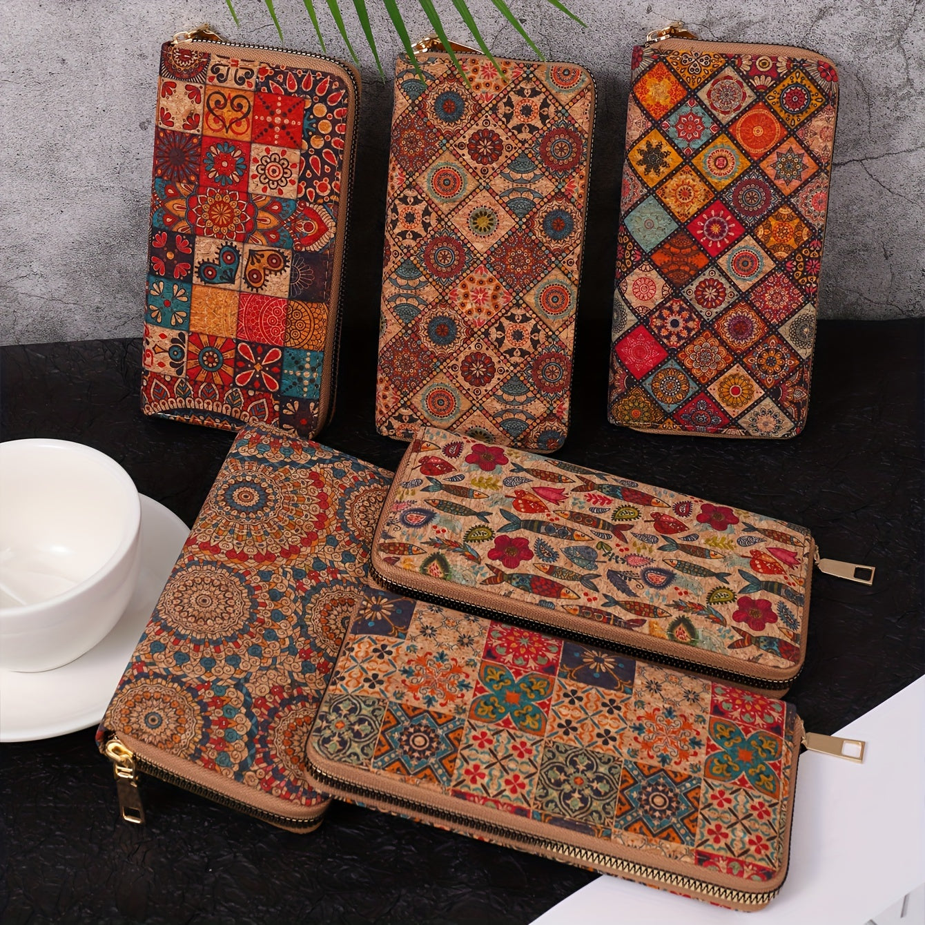 Ethnic style long wallet with floral design and multi card slots made of retro vegan leather.