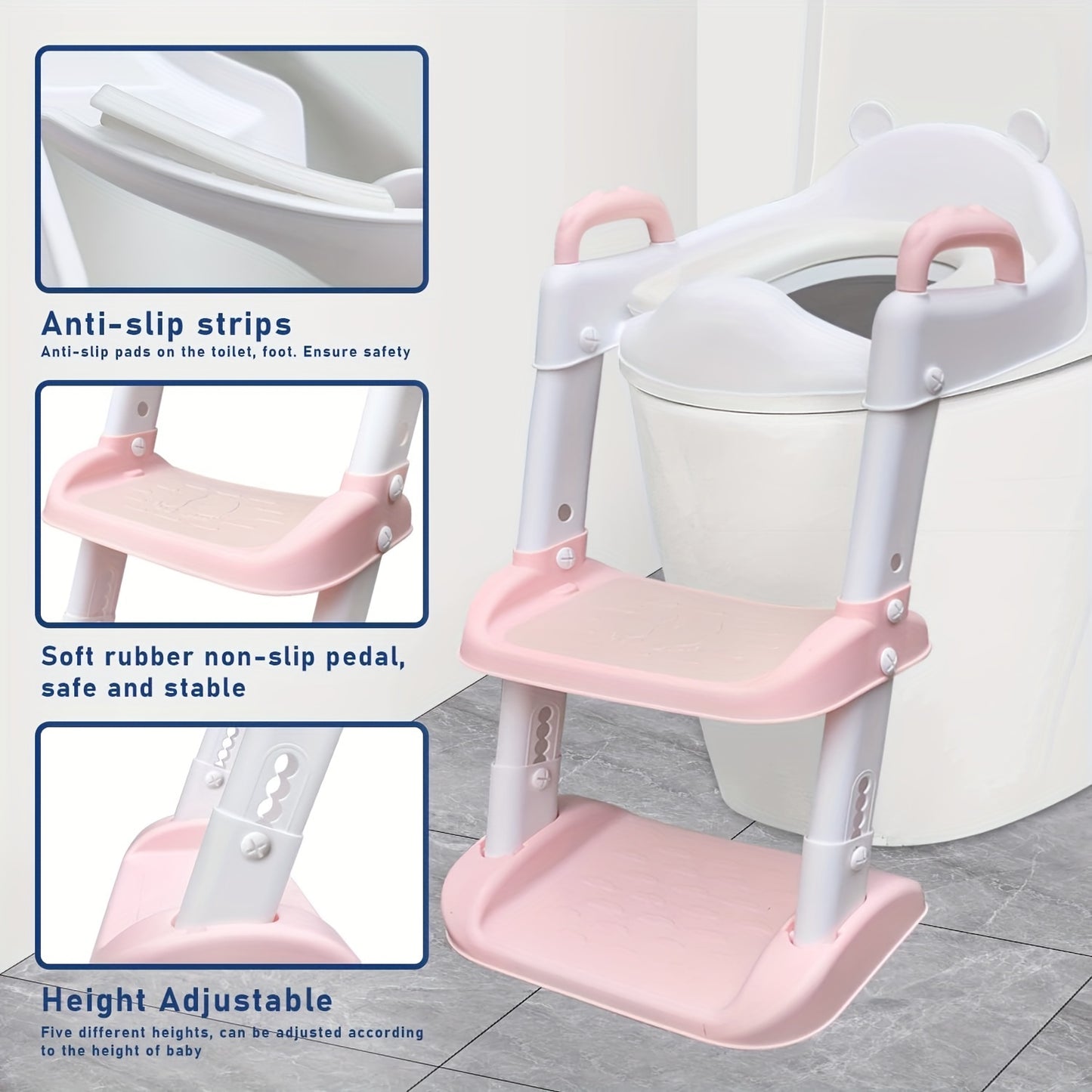 Children's Potty Training Seat with Step Ladder - Pink, Adjustable Height, Non-Slip, Safety Handles