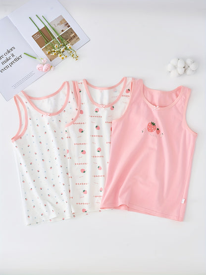 Set of 3 girls' cotton blend tank tops with cartoon patterns, bow detail, and sweat-resistant technology. Suitable for ages 12 and under.