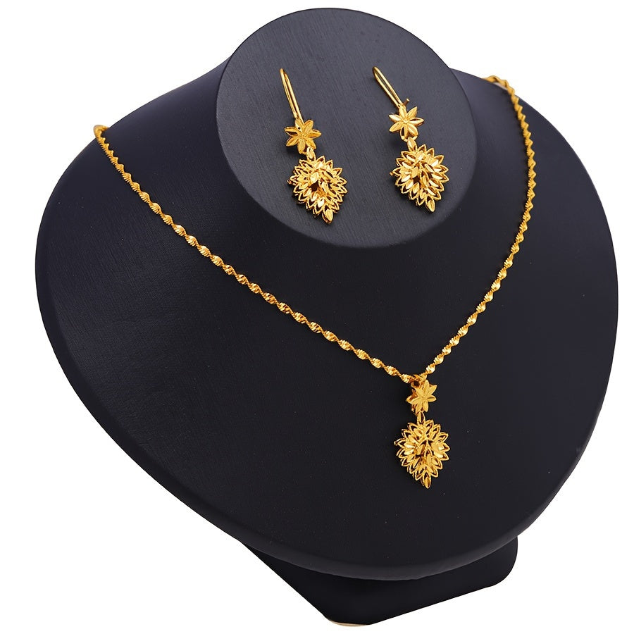 Leaf Design Earrings and Necklace Set with 22K Gold Plating, Perfect for Weddings and Formal Occasions, Offering a Minimalist Style that Mimics High-end Luxury Jewelry