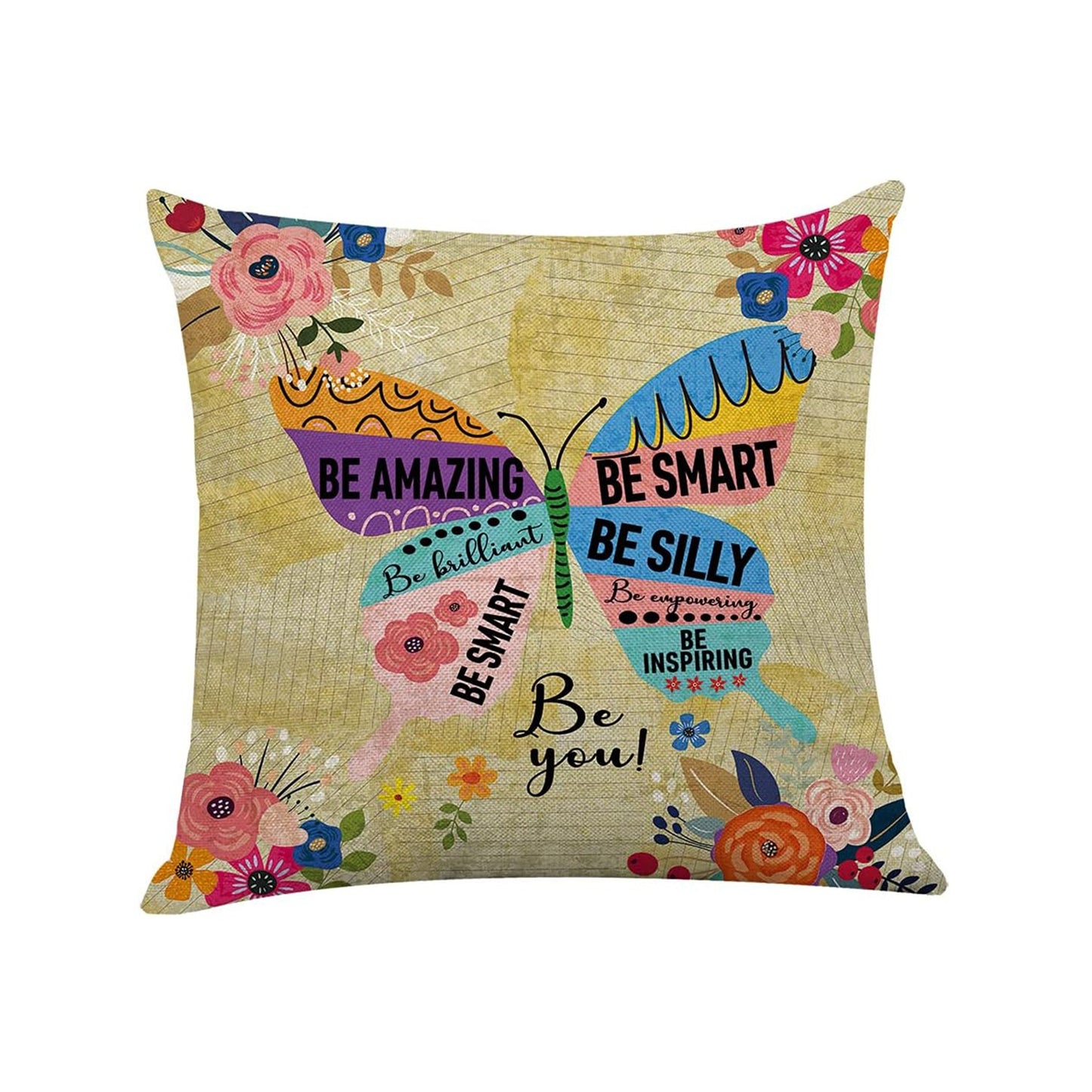 Inspiring Butterfly Throw Pillow Cover - Single Sided Linen Print with Zip Closure, Contemporary Style. Machine Washable Decorative Cushion Case for Living Room or Bedroom. Perfect Gift for Girls and Women - Be Amazing Design