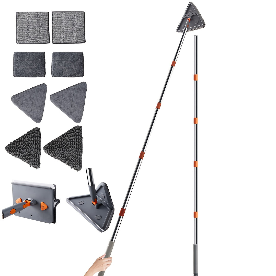 Multi-functional Triangle Mop for Walls & Ceilings - Adjustable, Collapsible Design with 4 Washable Microfiber Pads for Effortless Cleaning in Kitchens, Bathrooms, and Living Areas.