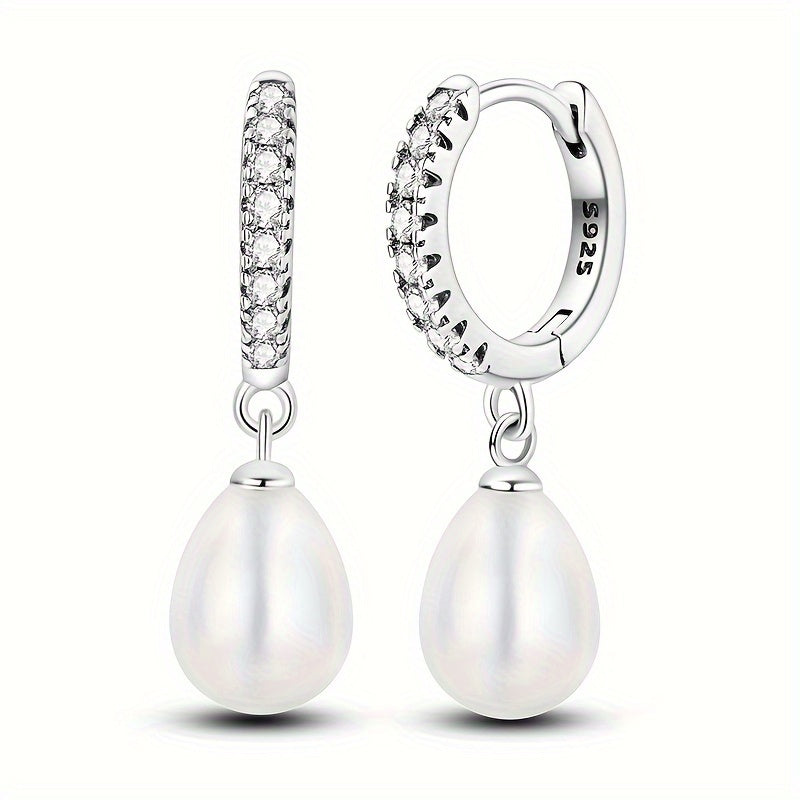 Beautiful 925 Sterling Silver Drop & Dangle Earrings featuring a Natural Pearl and Sparkling Zirconia - Lovely Holiday Style Jewelry for Women, Ideal for Wedding, Engagement, Birthday Gifts, and Party Accessories - Unplated with Silver Ear Needle