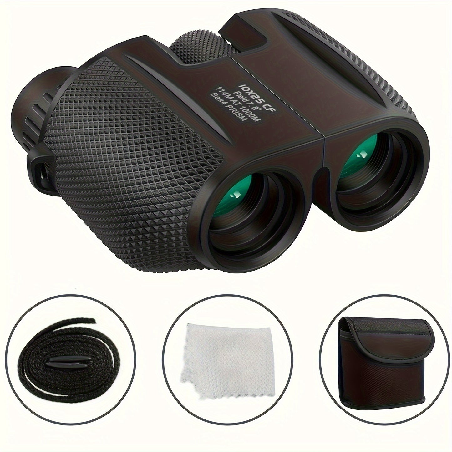 Black rubber-coated binoculars with 24mm objective lens, 10x magnification, center focus, and an ergonomic design for outdoor activities.