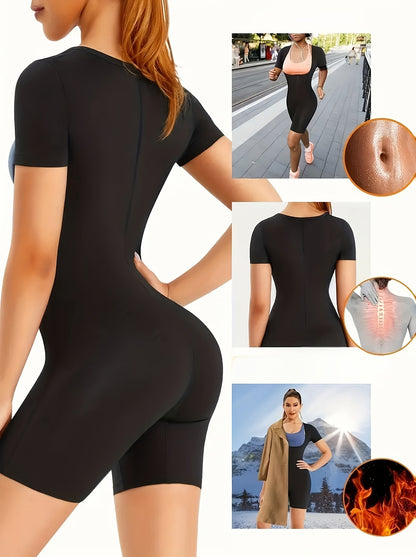 Women's bodysuit for shaping, sports, fitness, and sweat-inducing workouts with moisture-wicking properties and abdominal control.