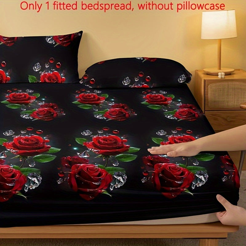 1pc Brushed Fitted Sheet (Without Pillowcase) with 3D Iced Out Red Rose Print, Soft and Comfortable Bedding for Bedroom or Guest Room, Deep Pocket, Fitted Bed Sheet Only