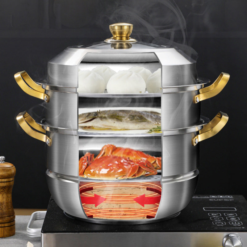 Stainless Steel Double-Layer Steamer Pot with Multi-Tiered Dumpling Steamer Insert, 27.94cm Size for Stovetop Use, Easy to Clean and Versatile Cookware