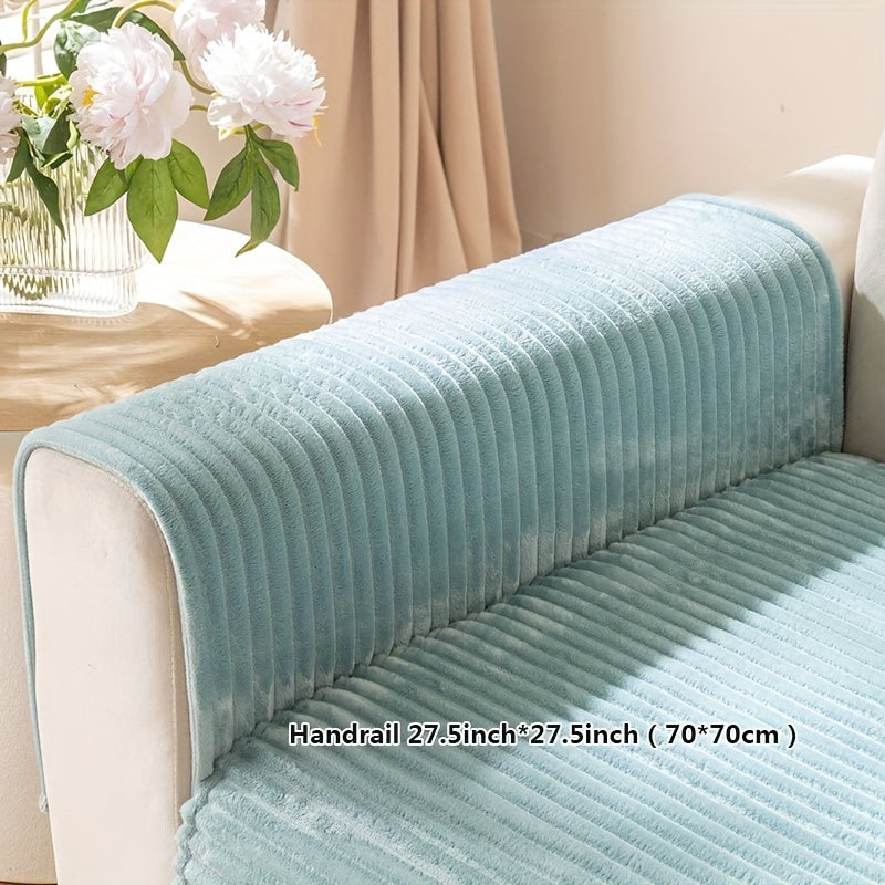 Thick plush sofa cover with stripes for winter, non-slip and anti-dirty. Modern style for home protection and decoration.