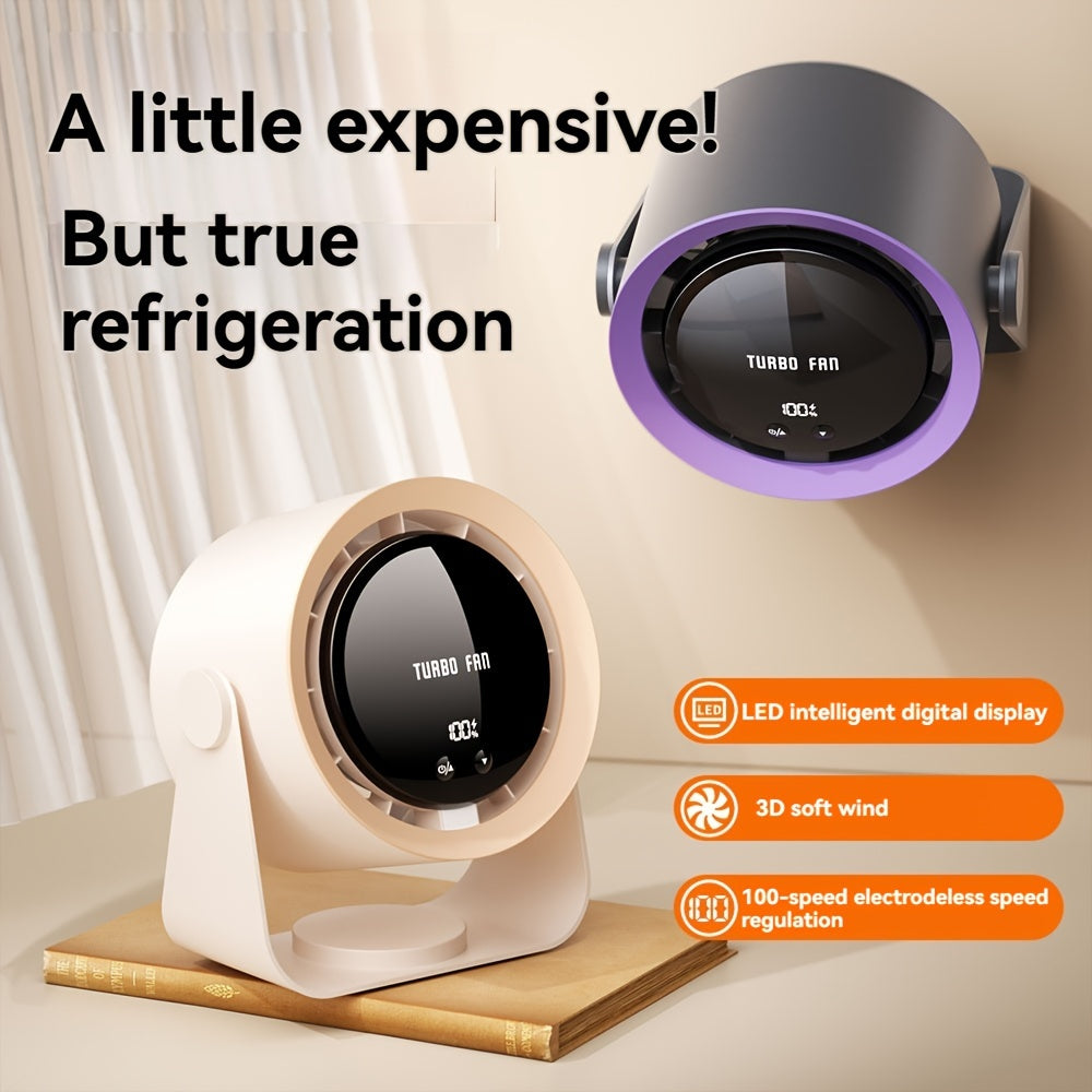 High-speed desk fan with LED display, 1-100 adjustable speed settings, energy-efficient, and quiet operation. Long-lasting battery life, adjustable angle for office, home, and bedroom use. USB rechargeable, 6.5W power, cord accessory, and easy button