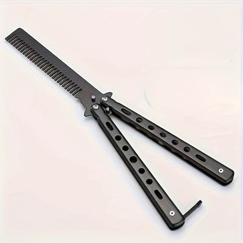 Fine toothed stainless steel Butterfly Blade Comb with metal handle for regular hairstyle and finger dexterity practice. Foldable, portable, and durable, suitable for outdoor camping.