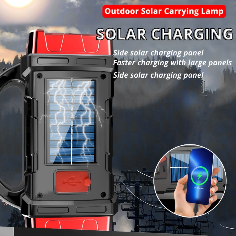 Multi-functional LED flashlight with solar and USB recharge options, polished tactical finish, 4 brightness levels, COB work light feature, 1500mAh Ni-MH battery, portable camping lamp with