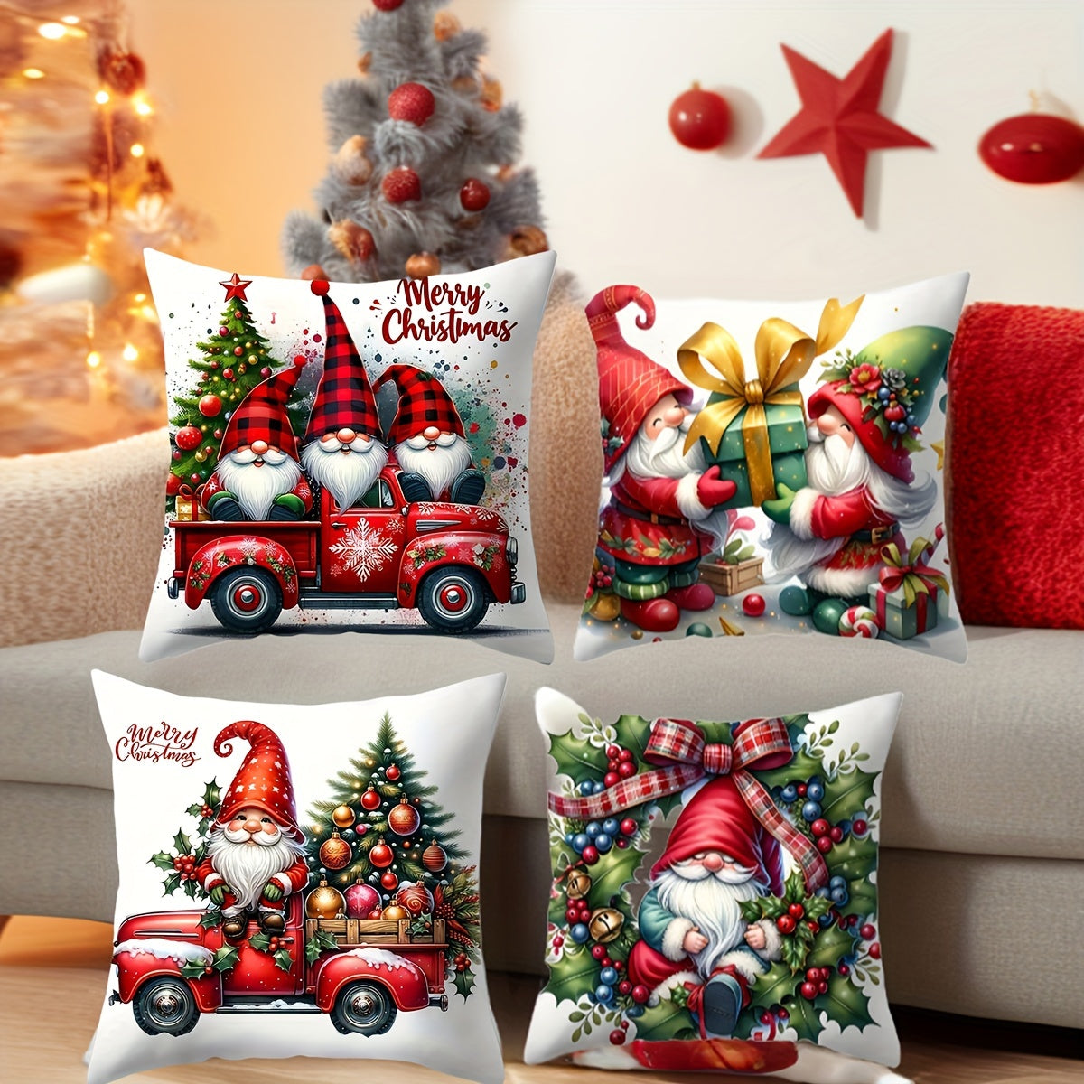 Gnome and Truck Christmas throw pillow cover in contemporary style, zippered polyester case for living room decor.