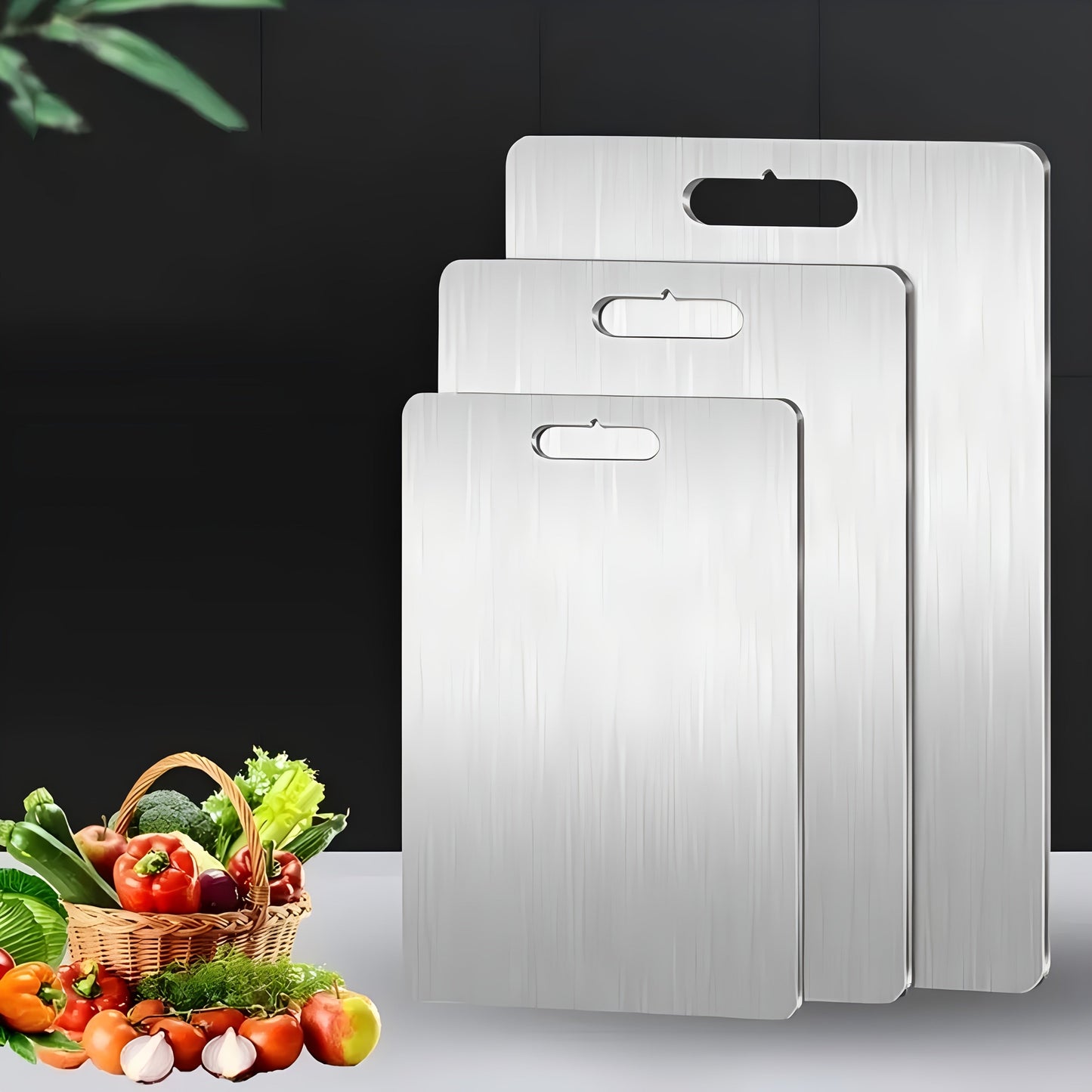 Metal chopping block for kitchen with carrying handle made of stainless steel - sturdy, versatile, and food-safe cutting surface for preparing fruits and vegetables