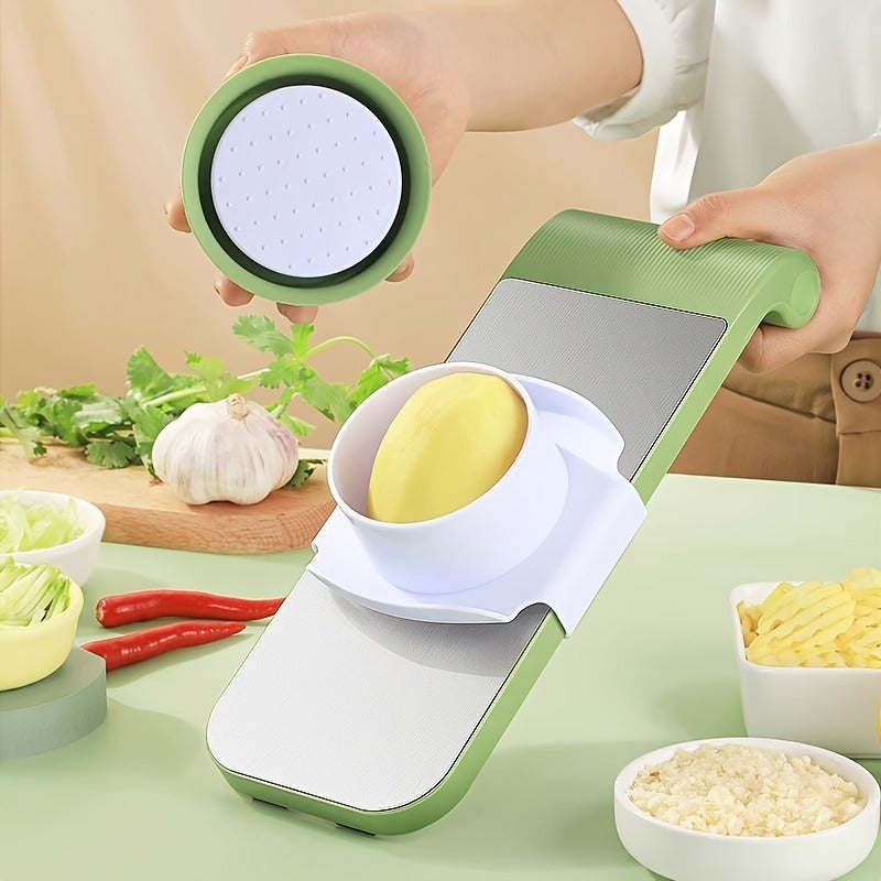 The stainless steel multifunctional vegetable slicer set includes seven pieces with five cutting heads. This versatile tool is perfect for slicing potatoes, cucumbers, and other vegetables. A must-have kitchen essential for effortlessly slicing and