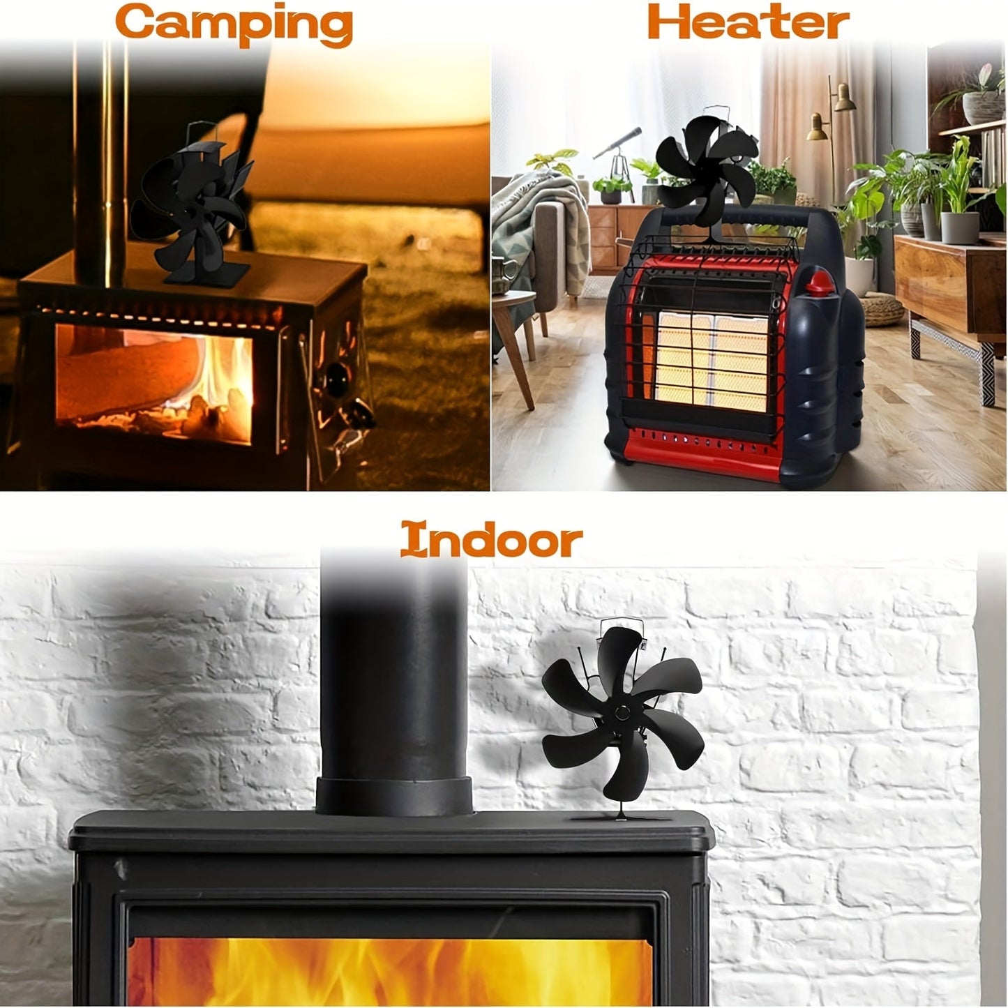 Single piece Stove Fan powered by heat, designed for use with fireplaces, featuring 6 blades for efficient heat distribution. This quiet wood burning stove fan is also suitable for use with Buddy Heater, gas, and pellet stoves, making it a versatile