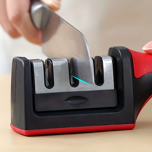 One piece, multi-functional portable knife sharpener with three stages for professional chefs. This manual sharpener is a must-have kitchen accessory for powerful knife sharpening.