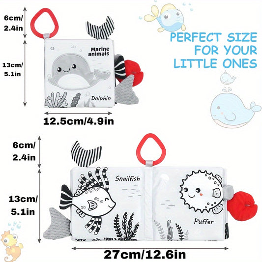 1pc BBSKY Soft Cloth Baby Book with 3D Animal Tails, Sensory Touch and Feel, Educational Board Book for Early Learning - Grey/White