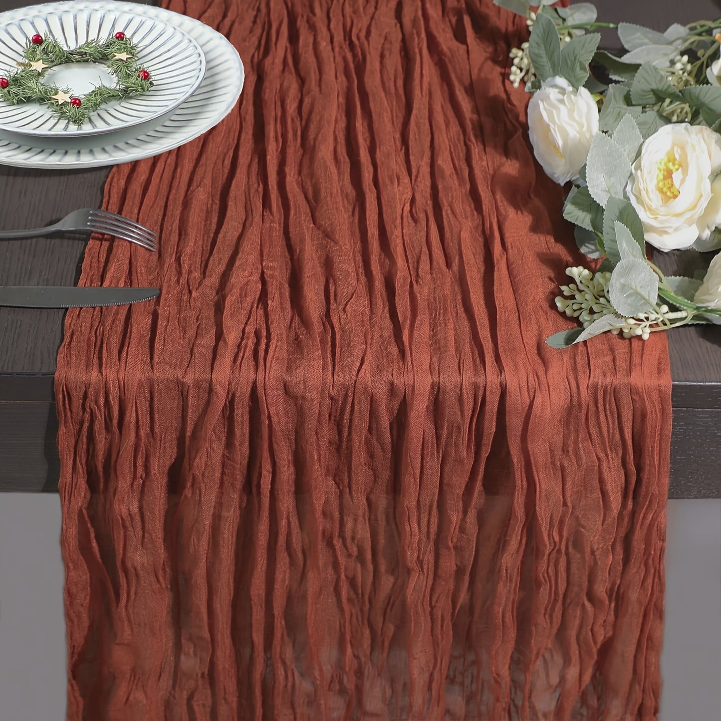 Elegant rust-colored cheesecloth table runner for spring, holidays, weddings - farmhouse chic design.