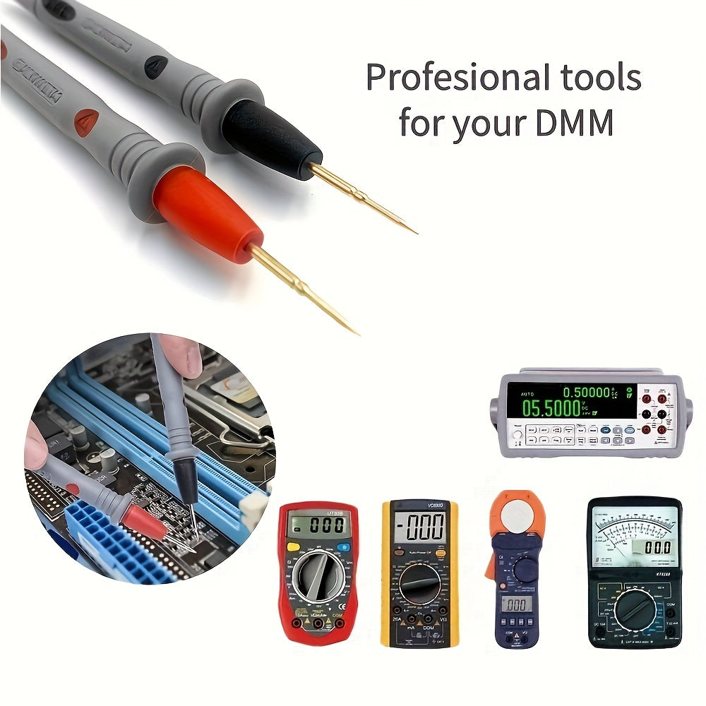 One set of universal multimeter test leads with alligator clips and various test probes for measuring AC/DC voltage up to 1000V and current up to 20A.