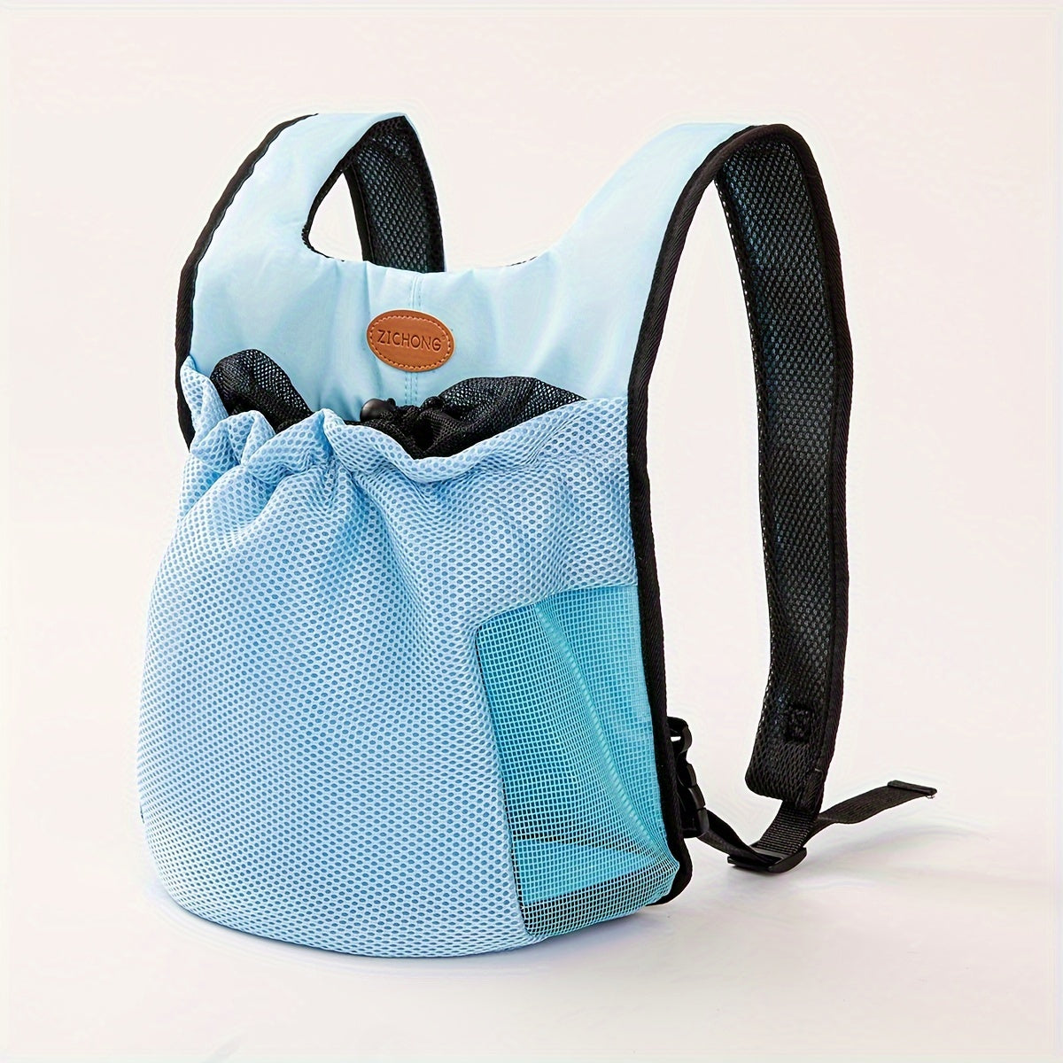 Small dog and cat backpack carrier with breathable mesh and knit fabric weaving for all-season outdoor travel. Features tether style carry method for small breed comfort.