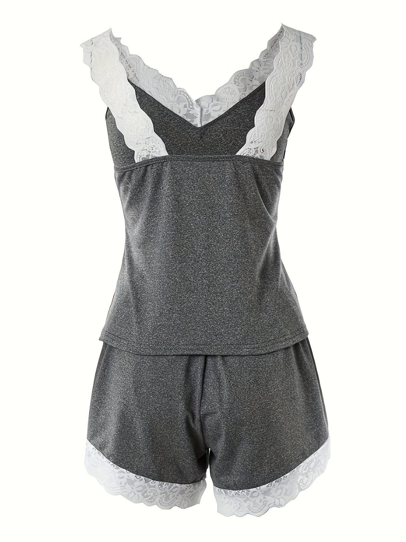 Chic Gray Lace-Trimmed Pajama Set for Women - V-Neck Crop Top & Shorts, Polyester Blend, Machine Washable, Ideal for Spring/Summer