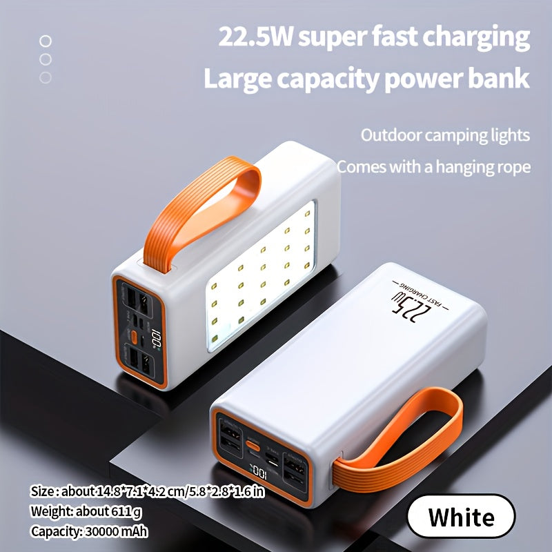 50000mah/30000mah power bank with LED display and built-in camping lights, ideal for iPhone, Android, and electronics. Perfect outdoor emergency backup battery pack.