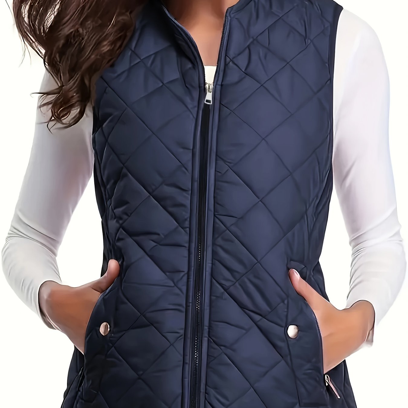 Women's sleeveless vest jacket with zipper in plain color, suitable for autumn and winter, in large size