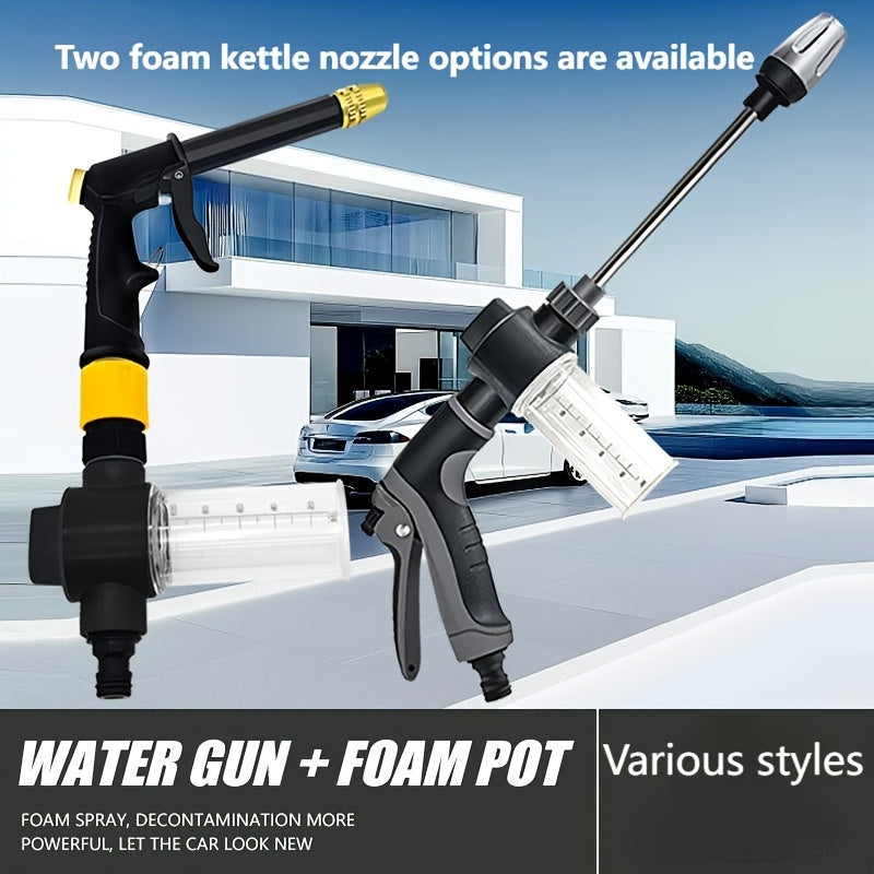 Long pole car wash water gun with foam tank for multifunctional spraying needs. Suitable for car wash, flower watering, garden irrigation with high pressure spray and foam tank set. Easy