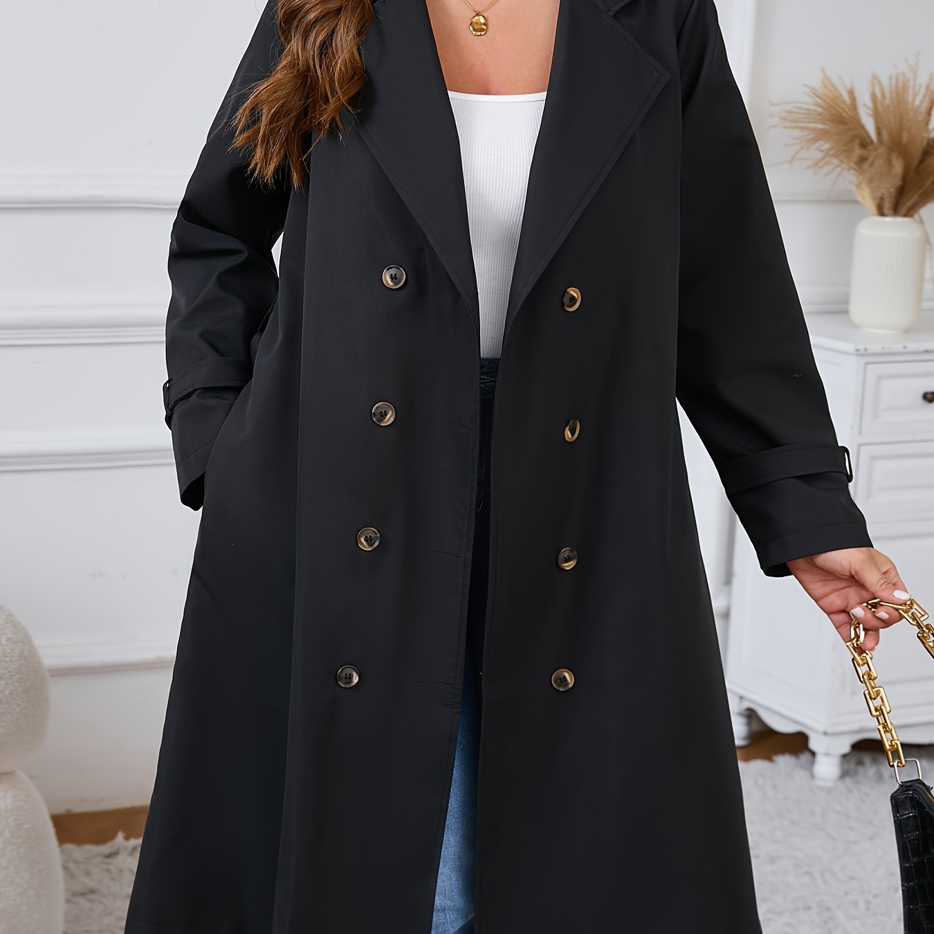 Plus size trench coat in casual style, made of 100% polyester with a double-breasted design. Features long sleeves, solid color, and lapel collar. Regular fit, non-stretch woven fabric