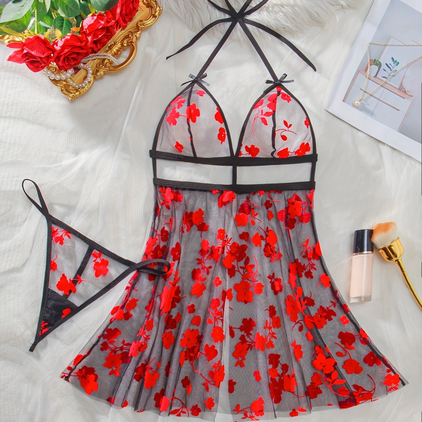 Red floral sheer mesh lingerie set includes halter top and thong, perfect for a romantic night.