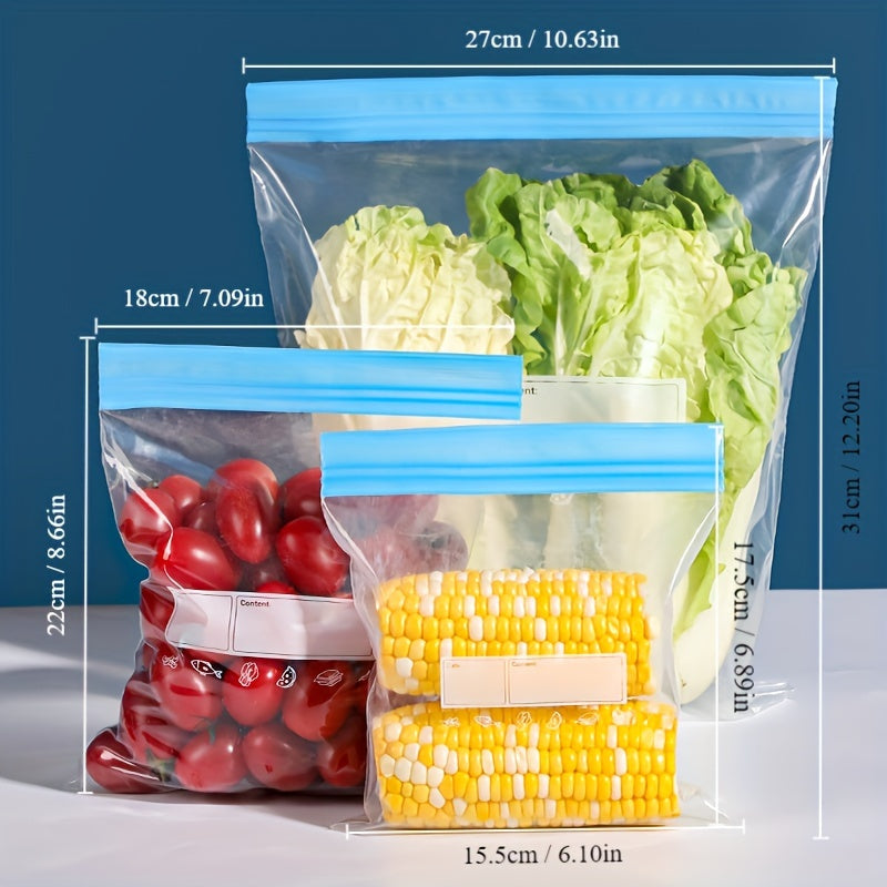 Storage bags with zippers, designed for freshness and organization. Perfect for storing fruits, grains, vegetables, and meat. Ideal for preserving food and keeping the kitchen organized. Includes 15/25/30/70 pieces of bags. Great kitchen accessory.