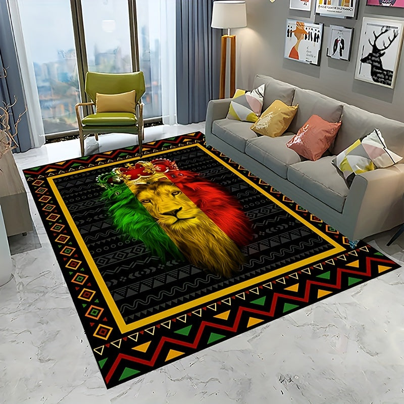 Soft, non-slip, and washable polyester mat with a modern African design featuring a vibrant 3D Lion King print. Perfect for adding a touch of personality to your living room, bedroom, kitchen, or home office decor.  Suitable for use as a rug in your