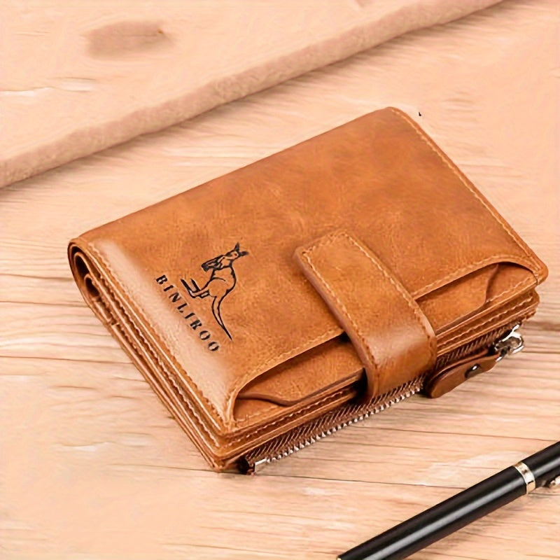 Men's PU leather wallet with RFID blocking, zipper closure, coin purse, and durable polyester interior.