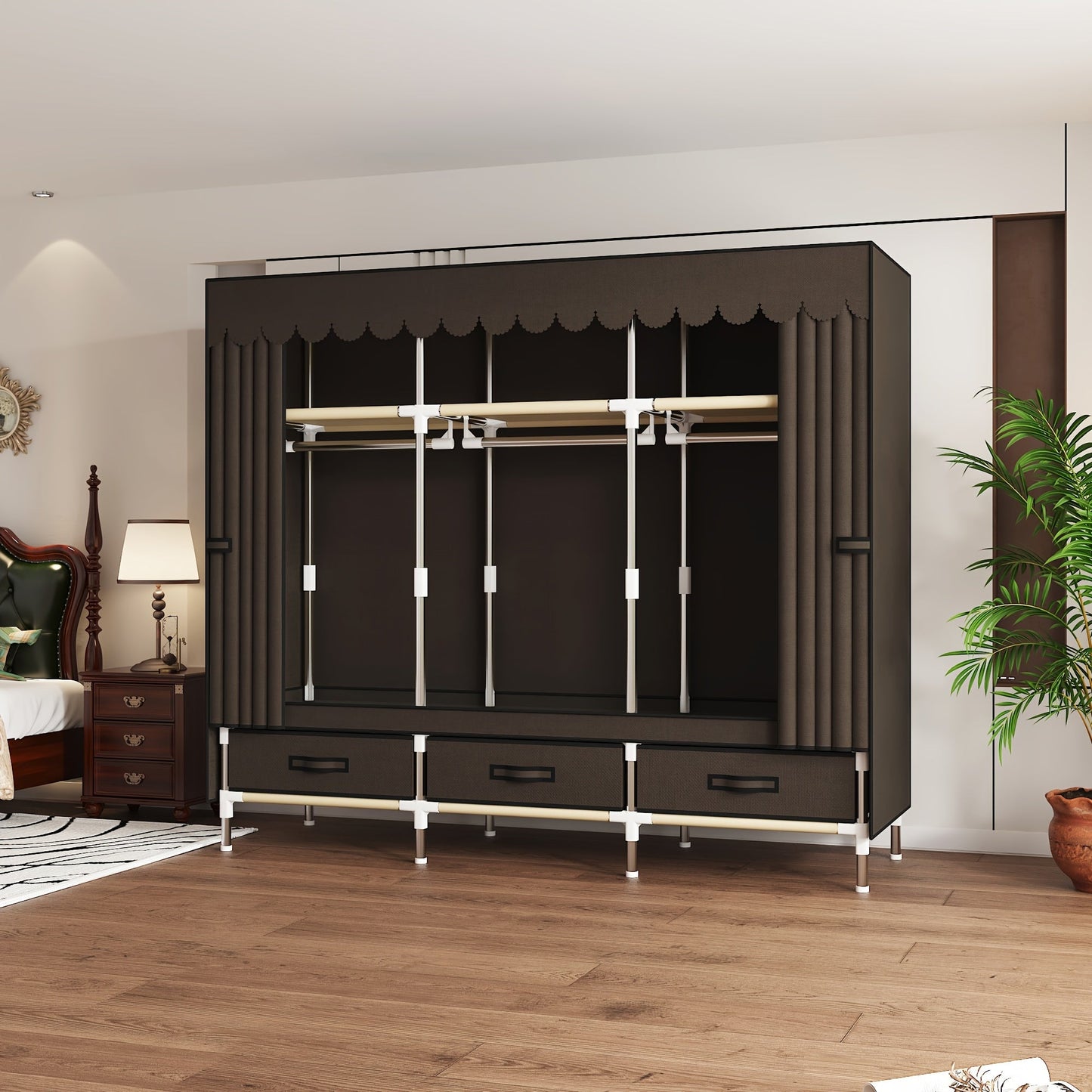 This Portable Wardrobe features 3 Hanging Rods and 6 Storage Shelves, made with a sturdy Alloy Steel Frame. It is simple to assemble and comes with a convenient Canvas Curtain Cover. Lightweight at under 13.61 KG, this Independent Clothing Organizer is