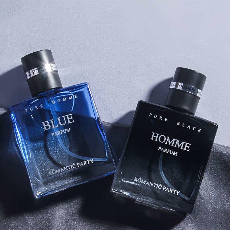 Men's cologne "Homme Parfum" in "Sunshine" Blue and "Confident" Black, with long-lasting light scent and ocean & woody fragrance notes for a charming gentleman's aroma.