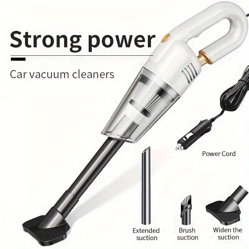 Powerful 12V car vacuum with extended cable, accessories, and strong suction - quiet and efficient.