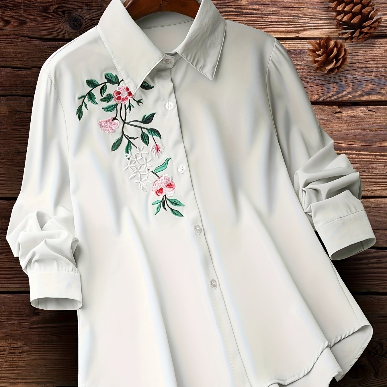 Embroidered Flower Shirt with Turn-down Collar, Long Sleeve Button Front - Women's Plus Size Clothing