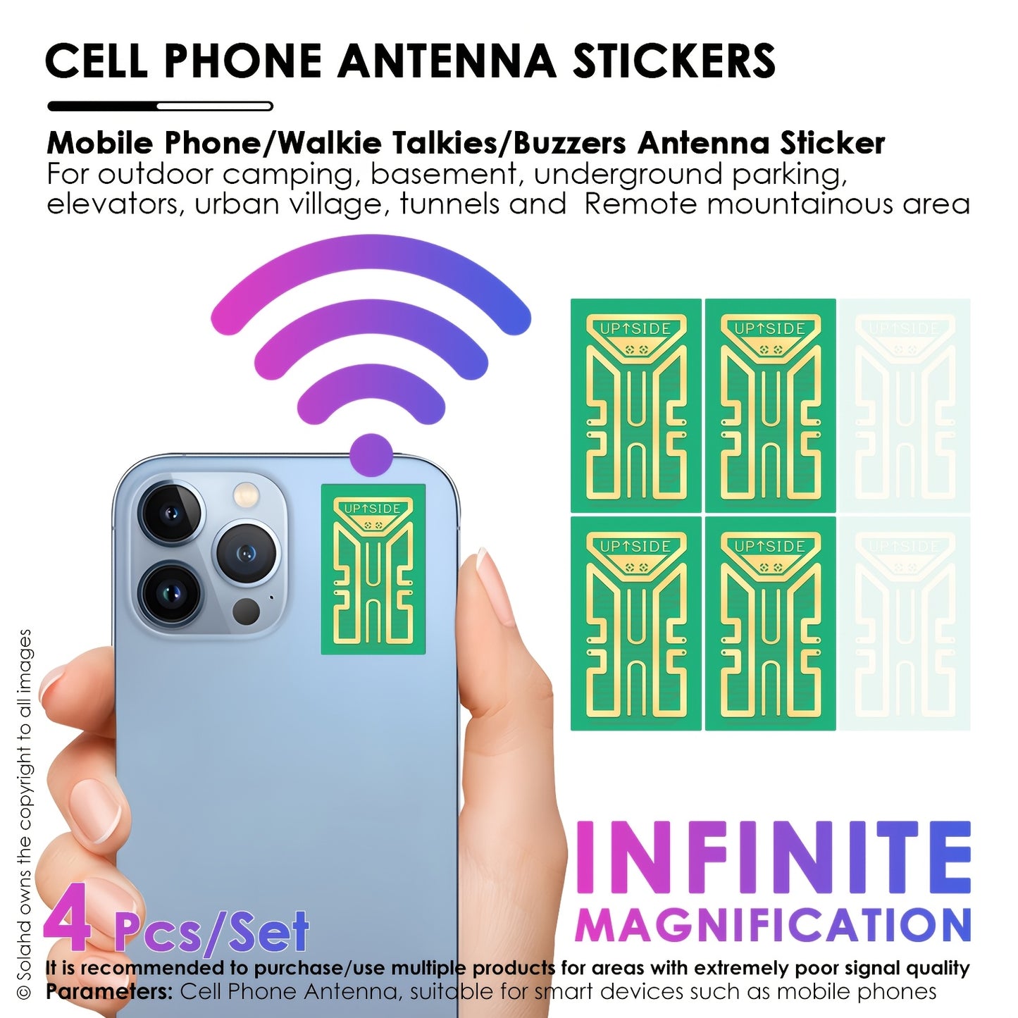 Compact, lightweight antenna stickers for portable devices enabling network connections in isolated areas, ideal for outdoor enthusiasts. Can be used with computers and wireless gadgets.