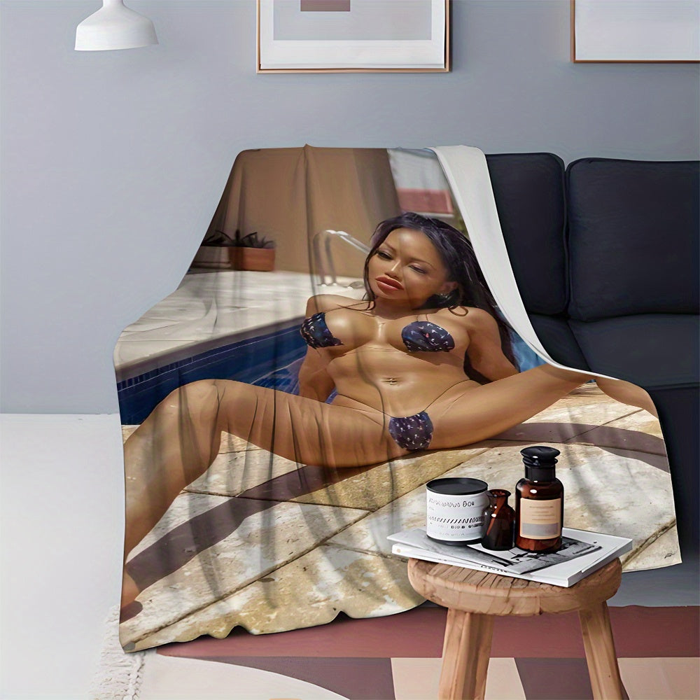 Soft and durable flannel nap blanket featuring a poolside beauty design with a sexy blonde - perfect for cozy comfort in any season. Ideal for use in the living room, bedroom, office, or outdoor camping. Makes a great gift, crafted from white knitted