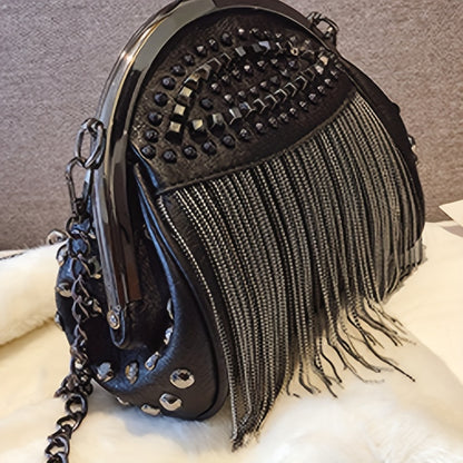 Niche fashionable kiss-lock handbag with rivets and tassel decor for women.